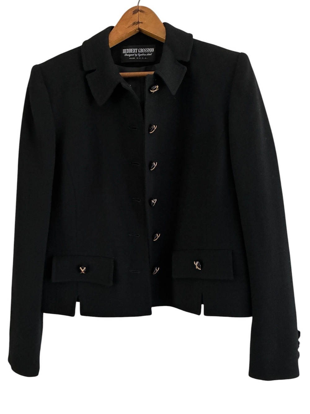 Vintage Herbert Grossman Cynthia Sobel Black Wool Jacket Gold X Buttons USA - Picture 4 of 14